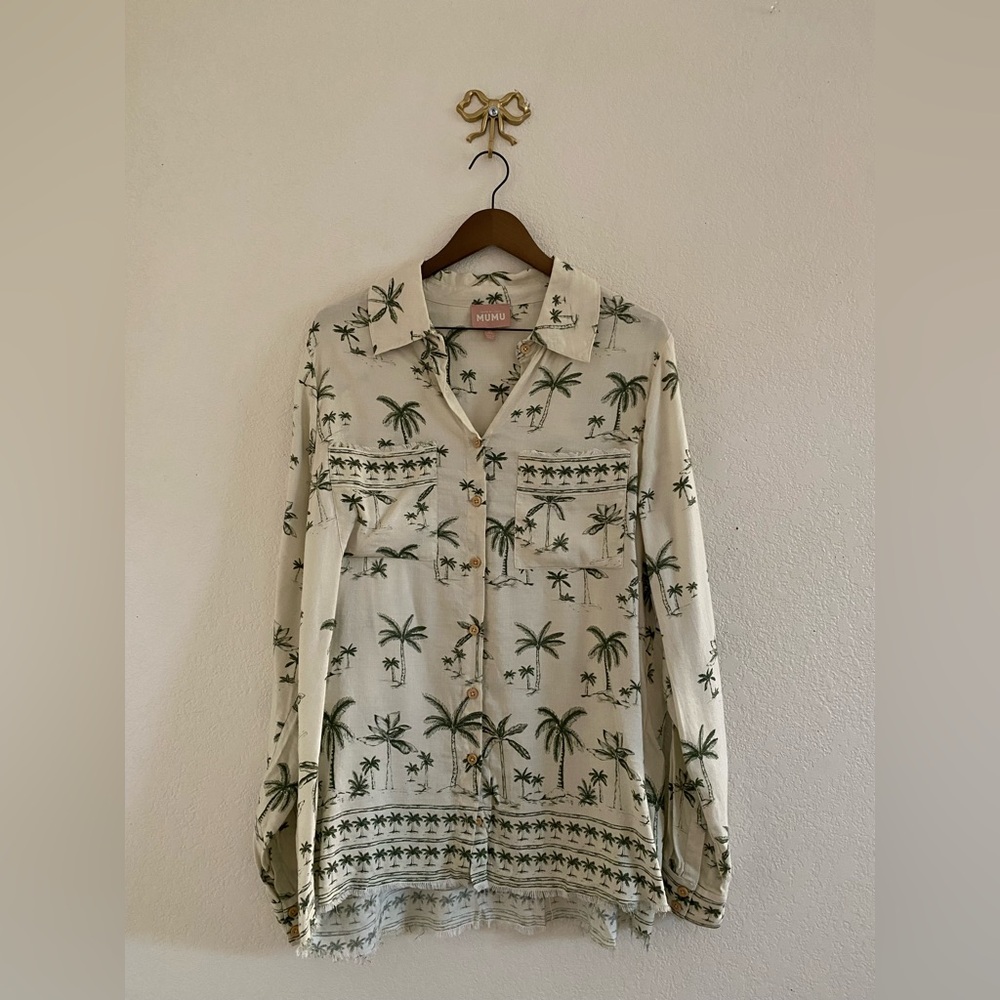 Show Me Your Mumu Marcella Top Palm Print Linen XL White/Green